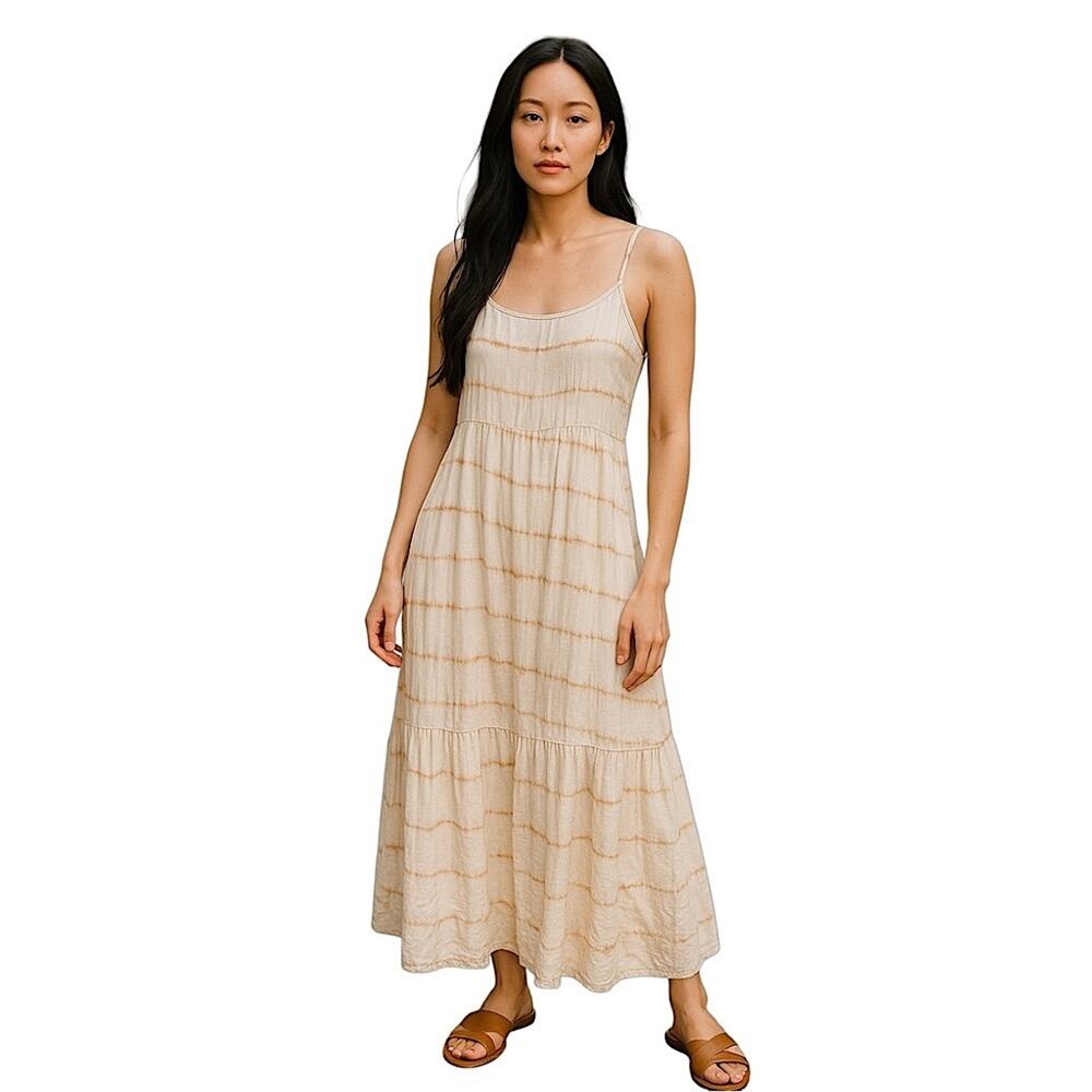 GAP Tie Dye Tiered Midi Dress Sleeveless Smocked Back Cotton Lined Cream Brown 4